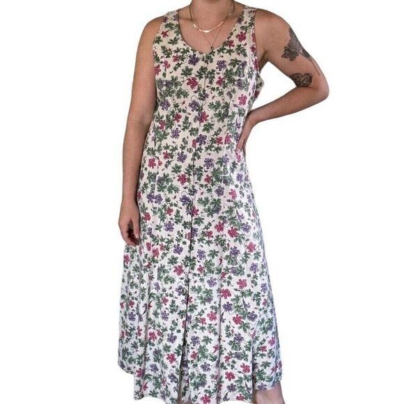 Vintage Woolrich Womens Linen Blend Floral Lagenlook Maxi Hippie Dress Sz M - Picture 8 of 8